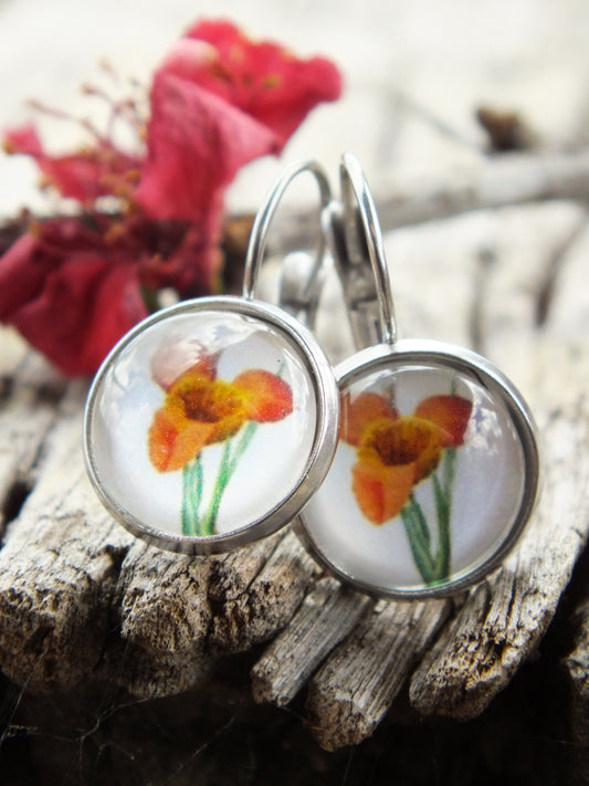 Orange Canna Lily Cabochon Earrings