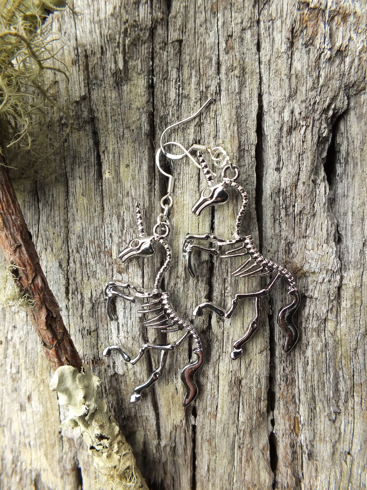 Silver Finish Unicorn Skeleton Earrings