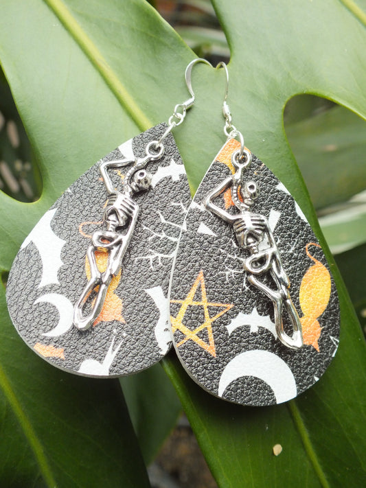 Halloween Leather Hanging Skeleton Earrings