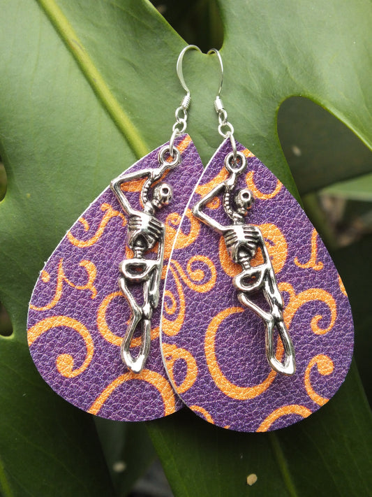 Halloween Leather Hanging Skeleton Earrings