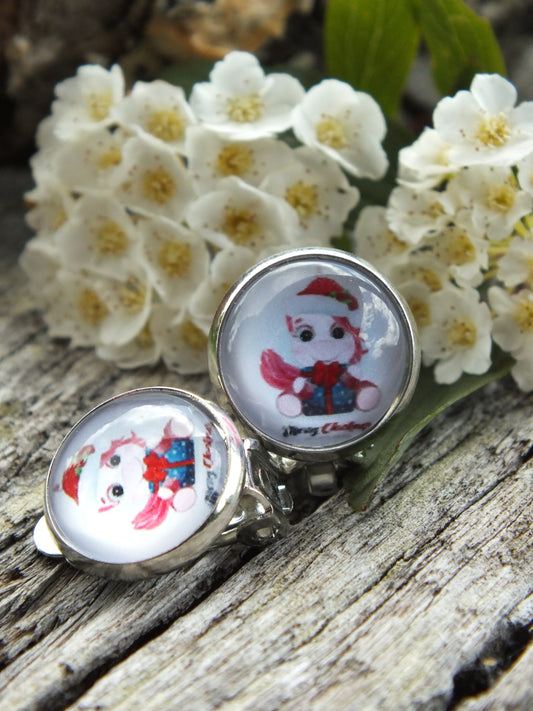 Christmas Unicorn Cabochon Clip On Earrings