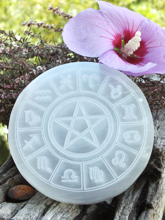 Selenite Pentacle Zodiac Ecliptic Charging Plate