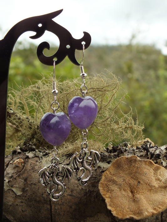 Amethyst Heart Dragon Earrings