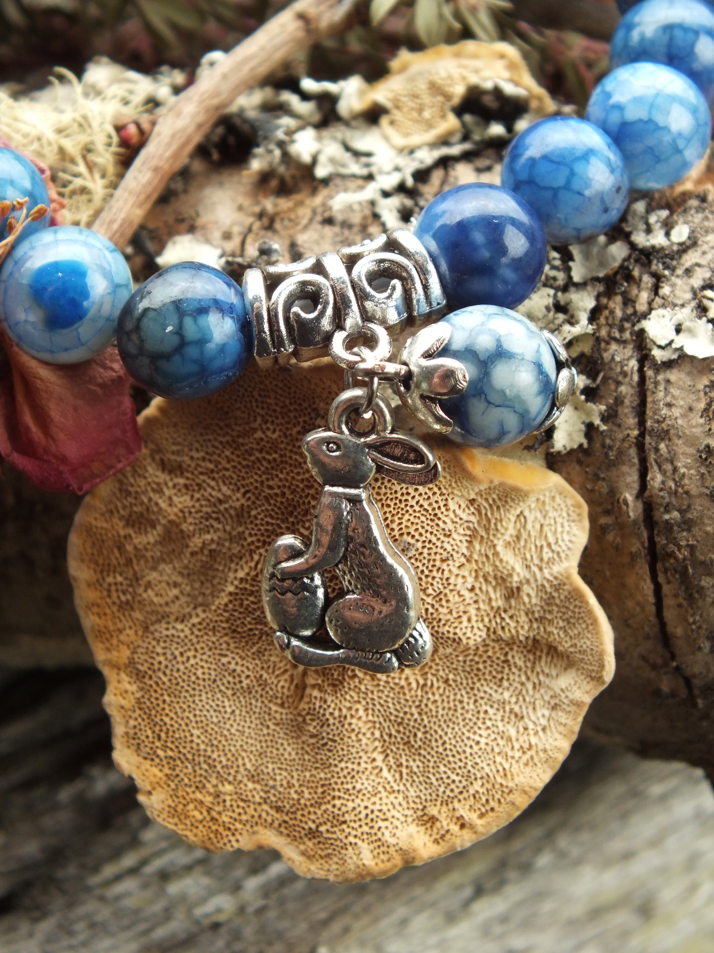 Blue Crackle Agate Easter Bunny Charm Bracelet