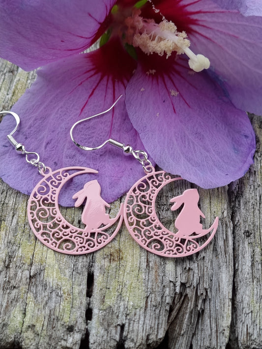 Filigree Moon Rabbit Earrings - Pink