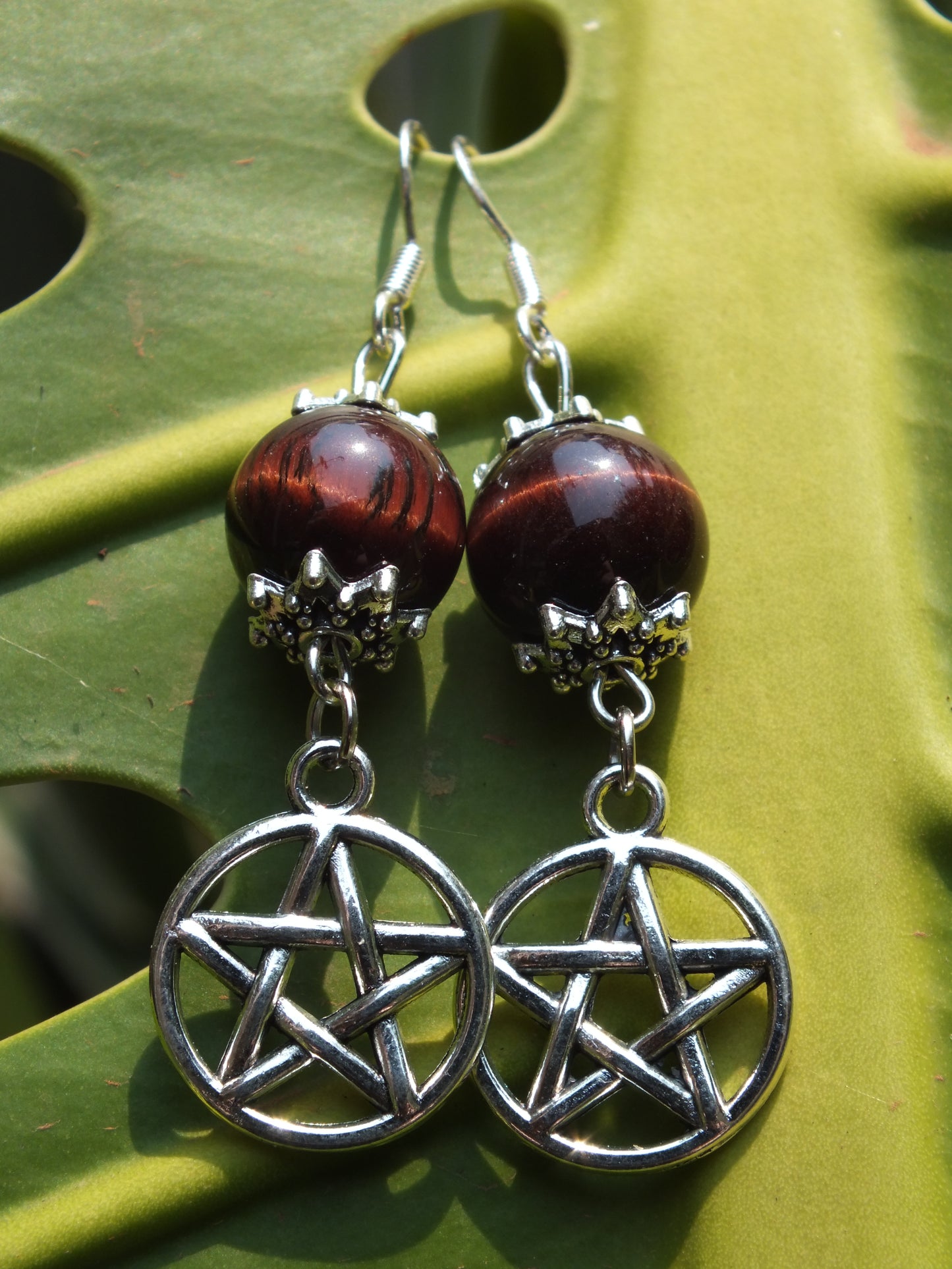 Red Tiger's Eye Pentacle Charm Earrings