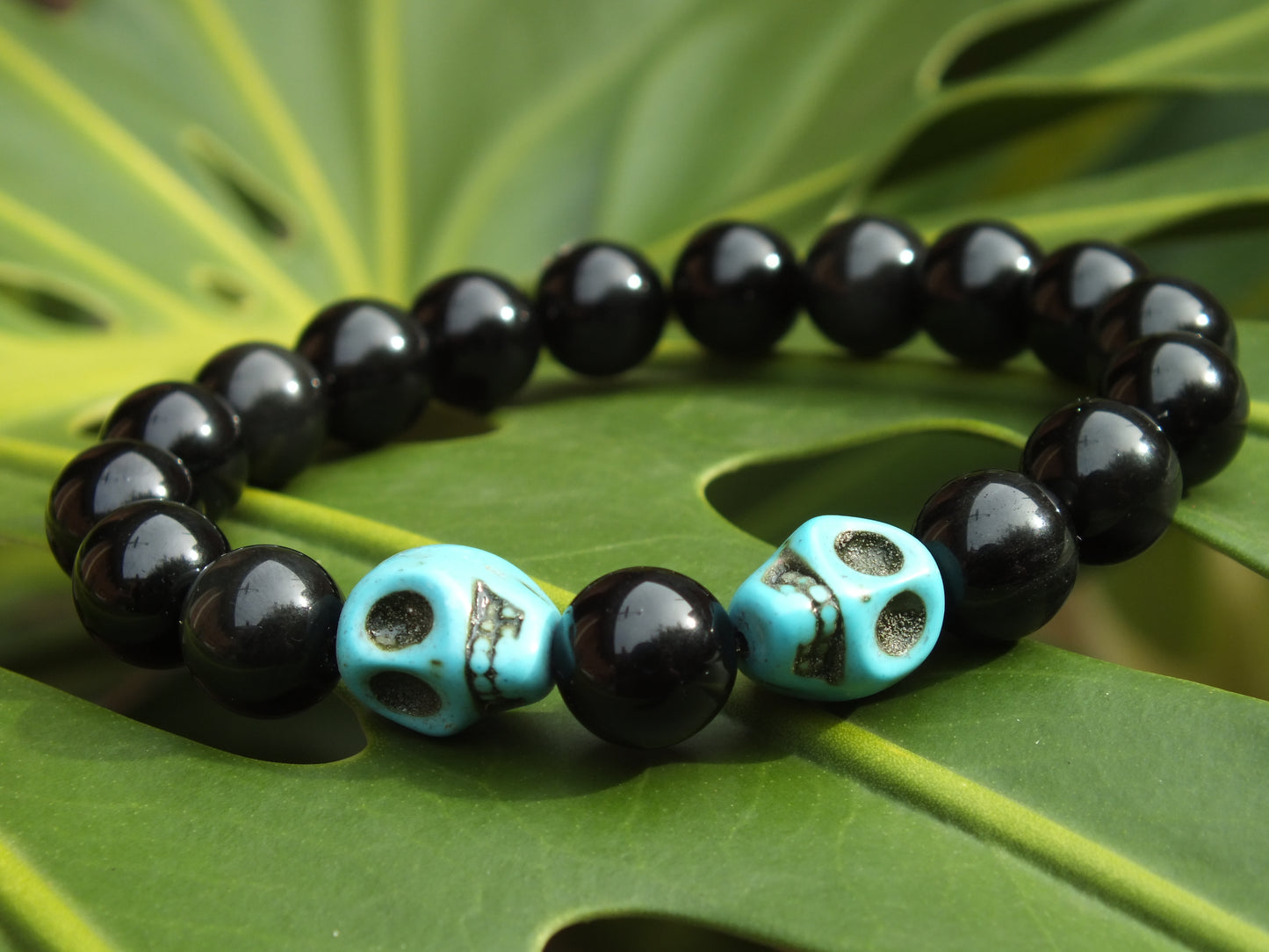 Obsidian & Turquoise Howlite Skull Bracelet