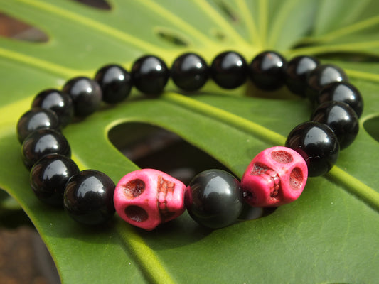 Obsidian and Pink Howlite Skull Bracelet