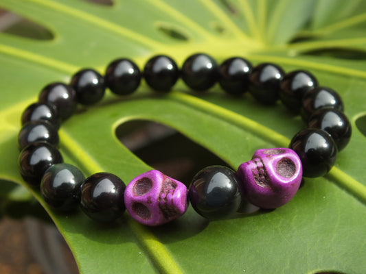 Obsidian & Purple Howlite Skull Bracelet