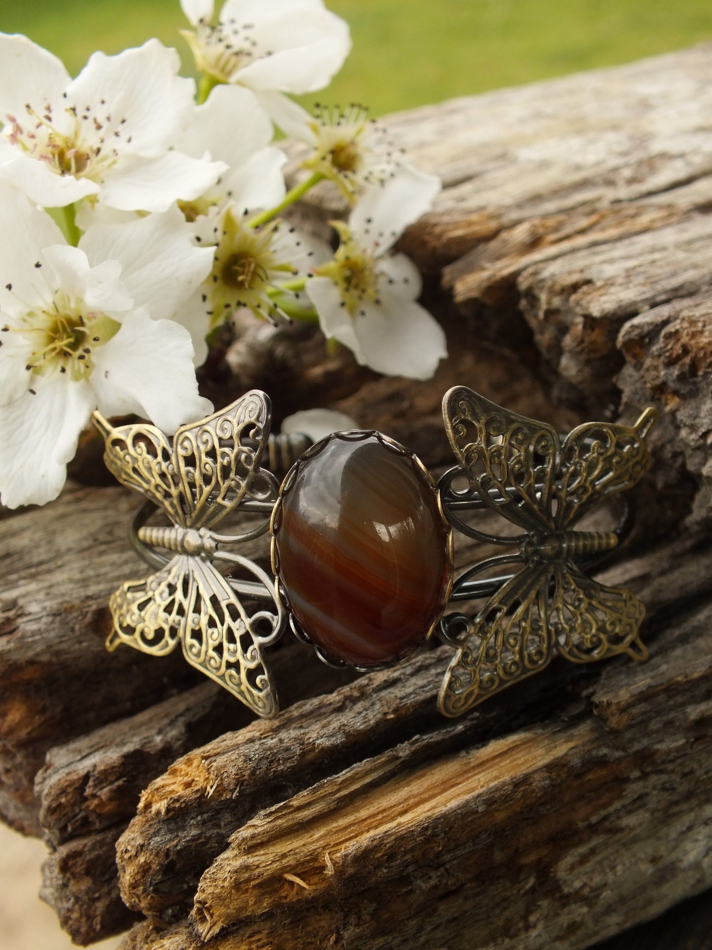 Antique Bronzed Copper Butterfly & Red Agate Bracelet