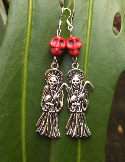 Red Howlite Skull Santa Muerte Earrings