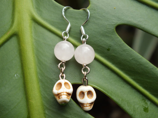 Rose Quartz & Howlite Skull Dangle Earrings