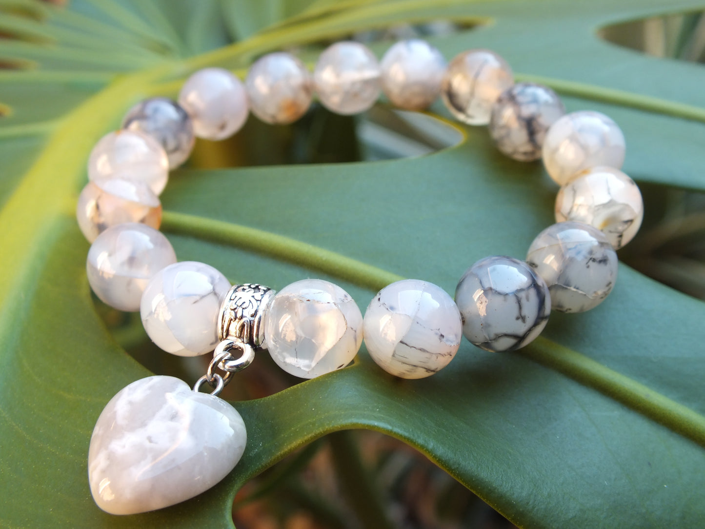 Dragon's Vein Agate with Grey Agate Stone Heart Bracelet