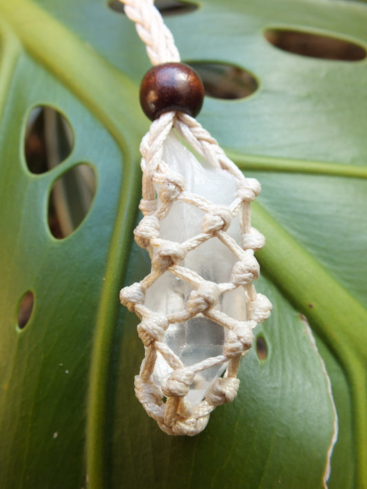 White Macrame Tumble Stone Net with Quartz Point